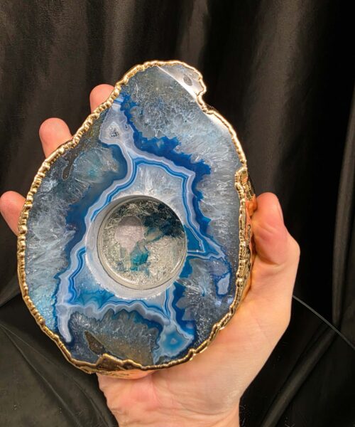 Large Teal Agate Slice Candle 2 Handpicked Quartz Gold Gilded 24ct Tealight Holder Ornament 511g H2xW13xD10.5cm - Image 5