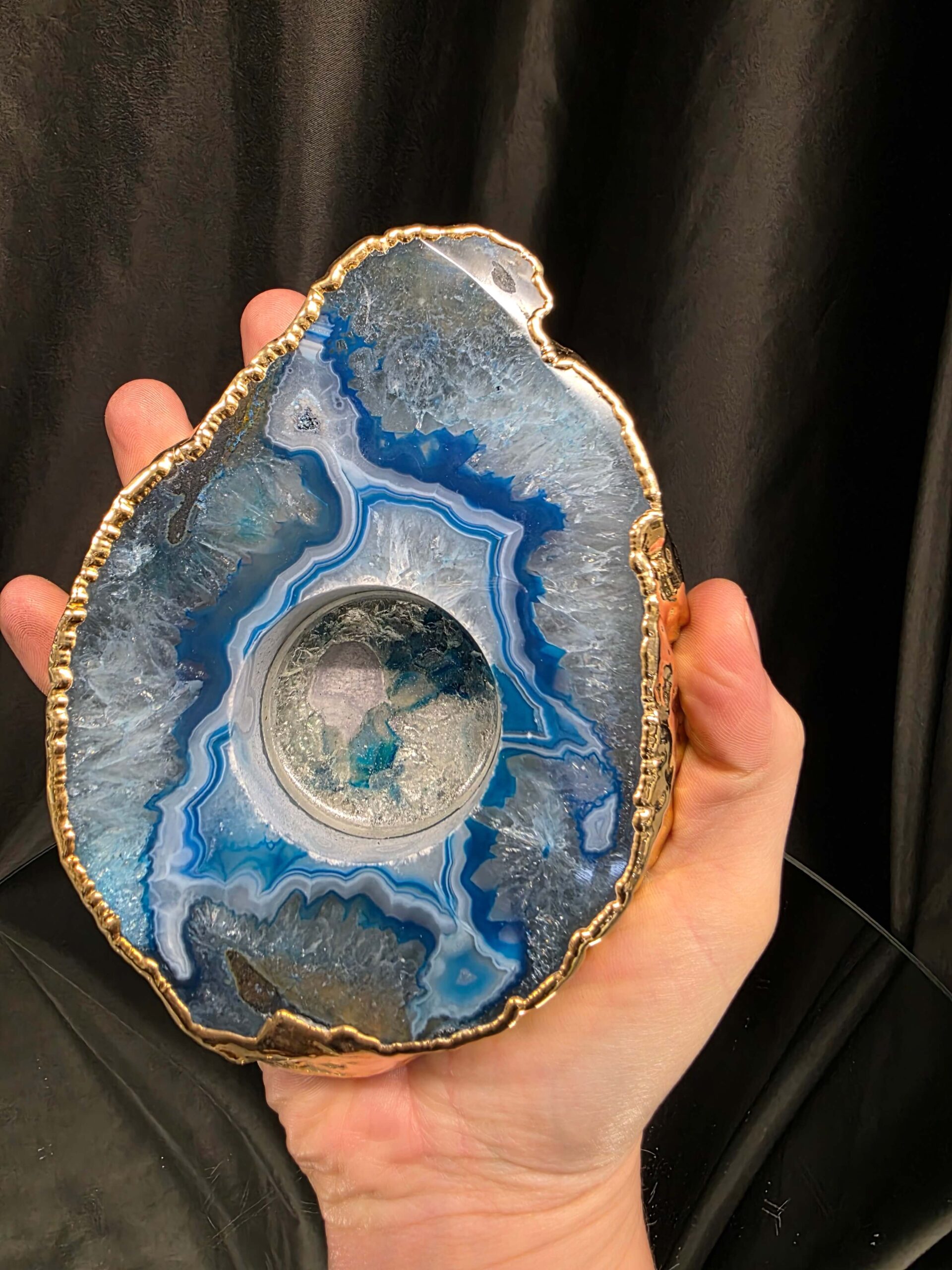 Large Teal Agate Slice Candle 2 Handpicked Quartz Gold Gilded 24ct Tealight Holder Ornament 511g H2xW13xD10.5cm - Image 5