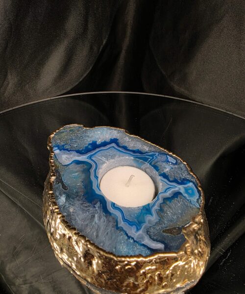 Large Teal Agate Slice Candle 2 Handpicked Quartz Gold Gilded 24ct Tealight Holder Ornament 511g H2xW13xD10.5cm - Image 7