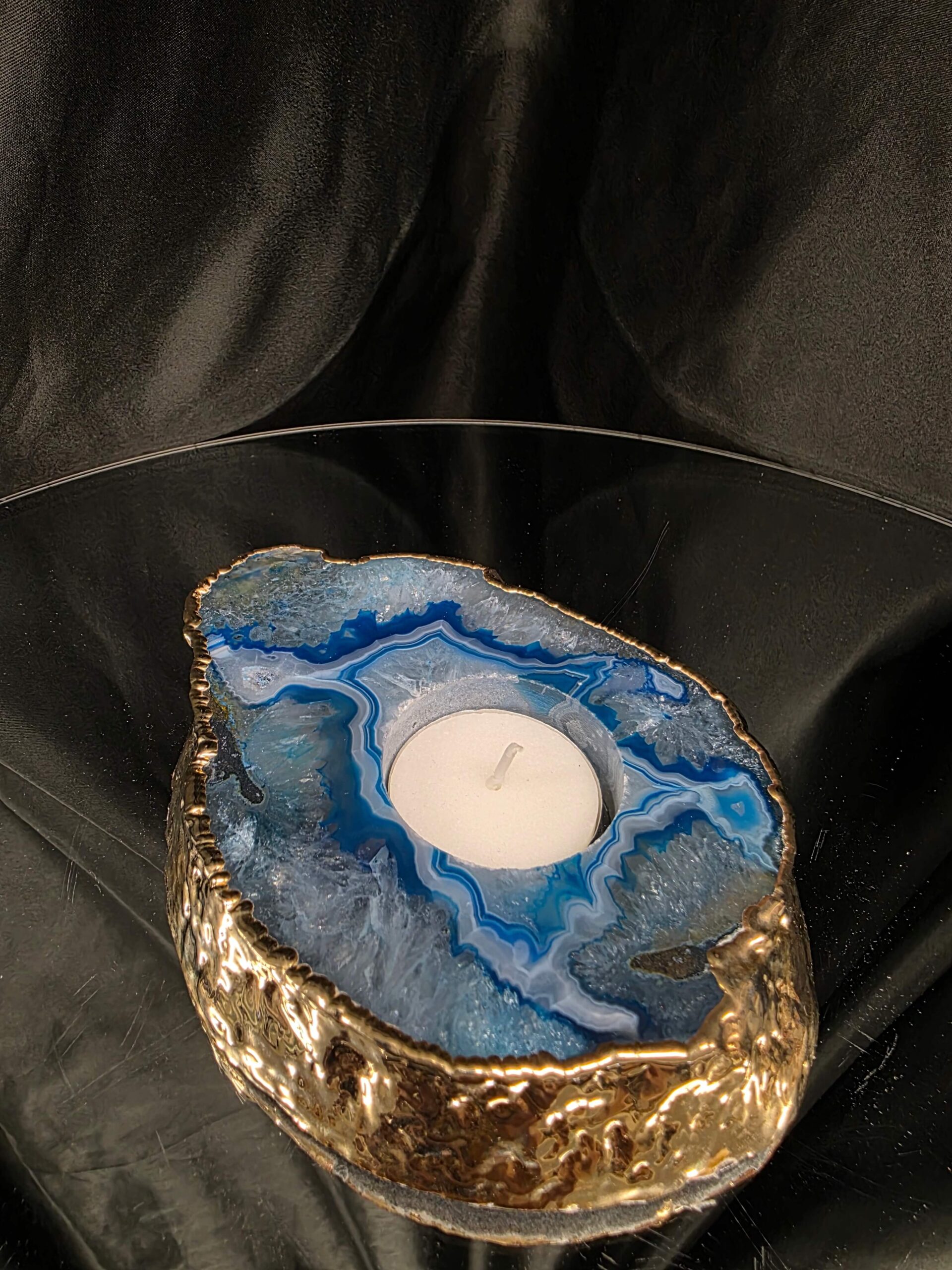 Large Teal Agate Slice Candle 2 Handpicked Quartz Gold Gilded 24ct Tealight Holder Ornament 511g H2xW13xD10.5cm - Image 7