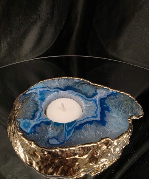 Large Teal Agate Slice Candle 2 Handpicked Quartz Gold Gilded 24ct Tealight Holder Ornament 511g H2xW13xD10.5cm - Image 8