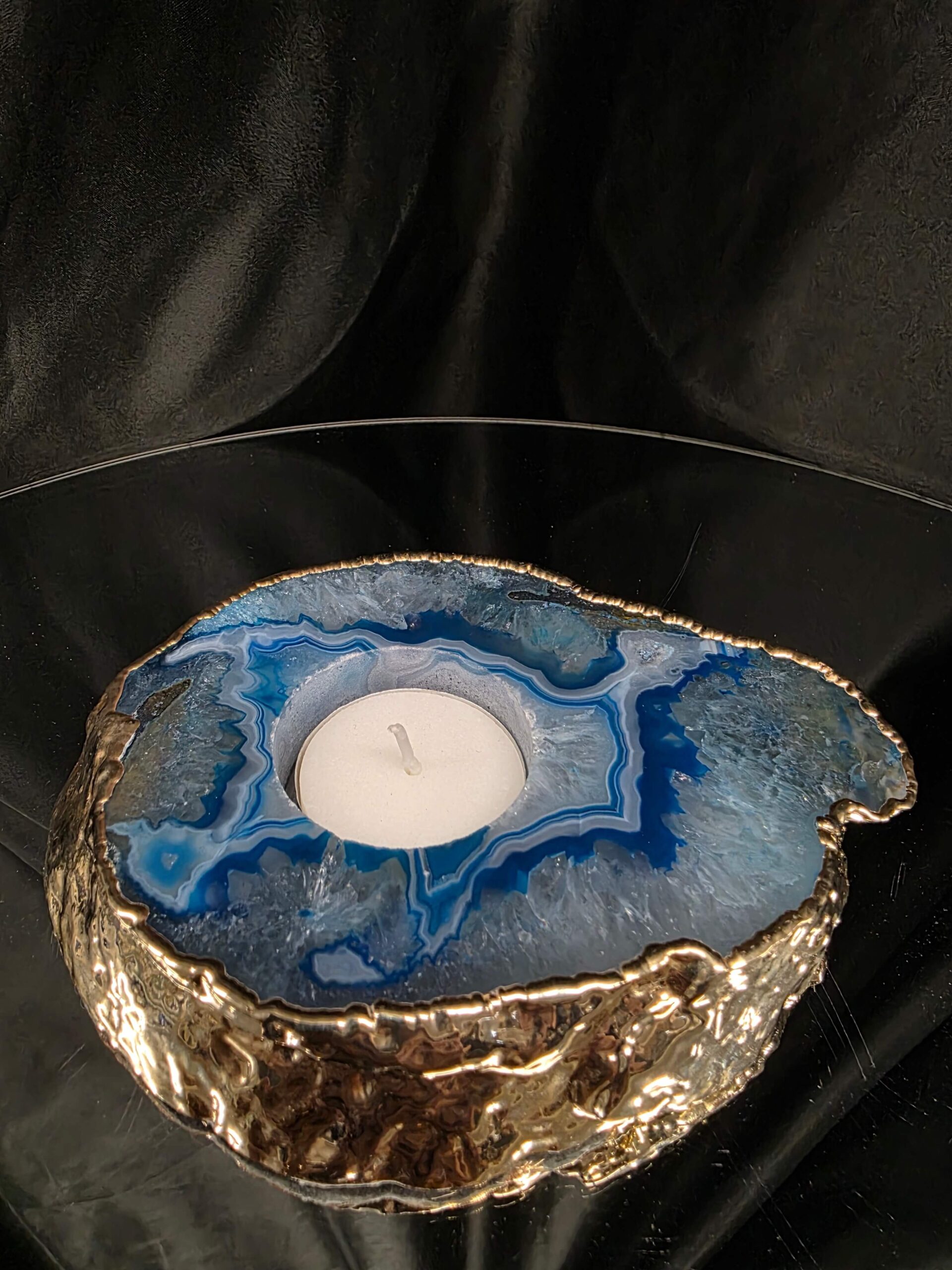 Large Teal Agate Slice Candle 2 Handpicked Quartz Gold Gilded 24ct Tealight Holder Ornament 511g H2xW13xD10.5cm - Image 8