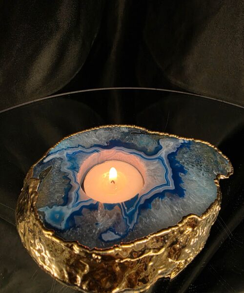 Large Teal Agate Slice Candle 2 Handpicked Quartz Gold Gilded 24ct Tealight Holder Ornament 511g H2xW13xD10.5cm - Image 9