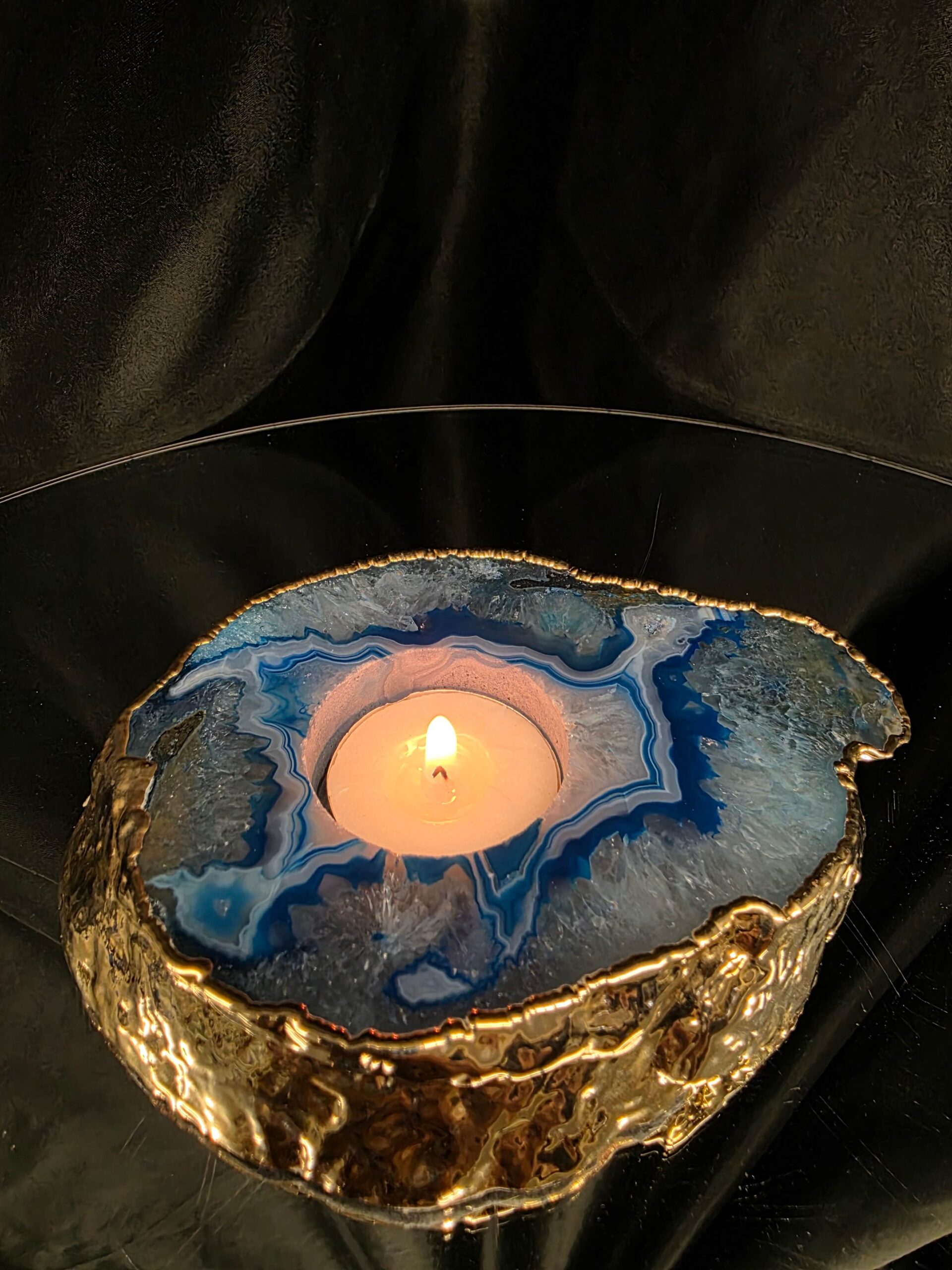 Large Teal Agate Slice Candle 2 Handpicked Quartz Gold Gilded 24ct Tealight Holder Ornament 511g H2xW13xD10.5cm - Image 9