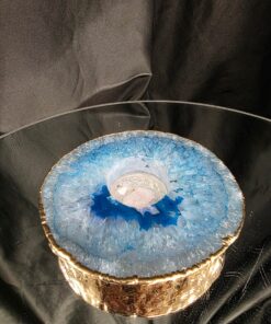 Large Teal Agate Slice Candle 3 Handpicked Quartz Gold Gilded 24ct Tealight Holder Ornament 535g H2xW12xD11.5cm