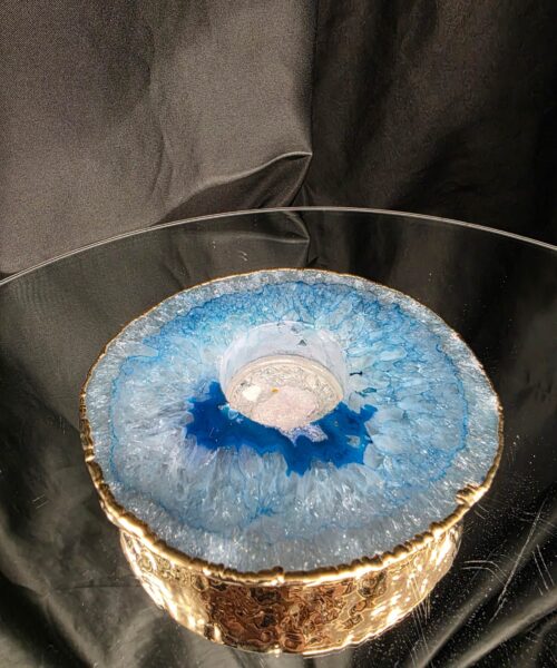 Large Teal Agate Slice Candle 3 Handpicked Quartz Gold Gilded 24ct Tealight Holder Ornament 535g H2xW12xD11.5cm