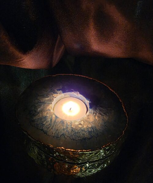 Large Teal Agate Slice Candle 3 Handpicked Quartz Gold Gilded 24ct Tealight Holder Ornament 535g H2xW12xD11.5cm - Image 10