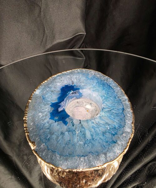 Alternative view of Large Teal Agate Slice Candle 3 Handpicked Quartz Gold Gilded 24ct Tealight Holder Ornament 535g H2xW12xD11.5cm