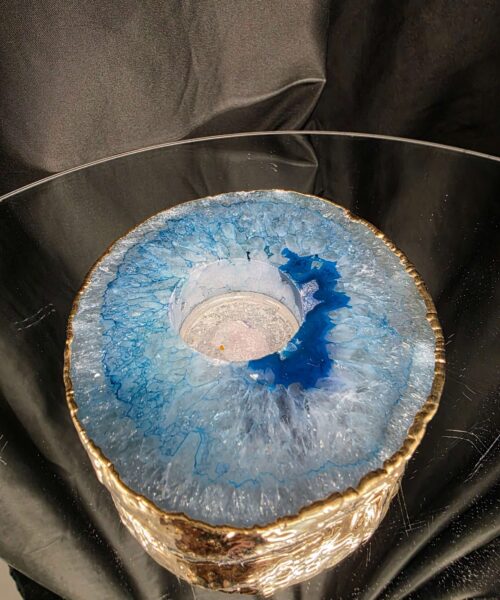 Large Teal Agate Slice Candle 3 Handpicked Quartz Gold Gilded 24ct Tealight Holder Ornament 535g H2xW12xD11.5cm - Image 4