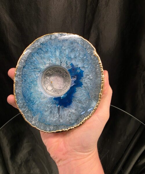 Large Teal Agate Slice Candle 3 Handpicked Quartz Gold Gilded 24ct Tealight Holder Ornament 535g H2xW12xD11.5cm - Image 5