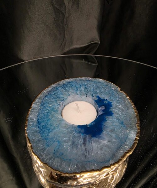 Large Teal Agate Slice Candle 3 Handpicked Quartz Gold Gilded 24ct Tealight Holder Ornament 535g H2xW12xD11.5cm - Image 7