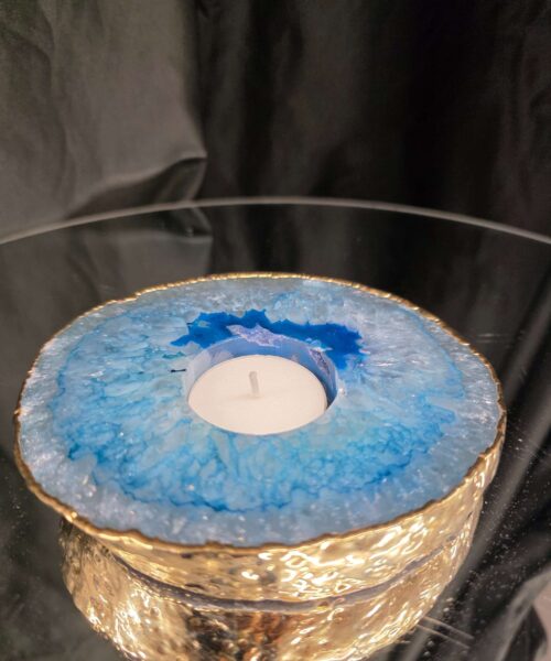Large Teal Agate Slice Candle 3 Handpicked Quartz Gold Gilded 24ct Tealight Holder Ornament 535g H2xW12xD11.5cm - Image 8