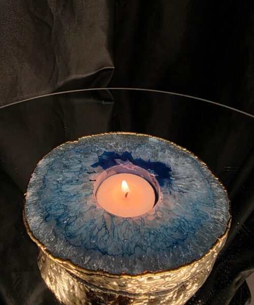 Large Teal Agate Slice Candle 3 Handpicked Quartz Gold Gilded 24ct Tealight Holder Ornament 535g H2xW12xD11.5cm - Image 9
