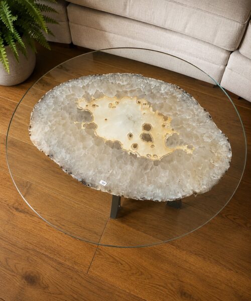 Premium Agate Geode Table 2 – 15kg - (Glass 60cm) L53xW38cm Druzy Cluster Grey White Crystal Quartz