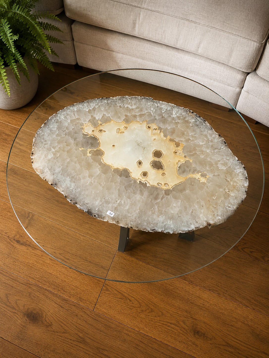 Premium Agate Geode Table 2 – 15kg - (Glass 60cm) L53xW38cm Druzy Cluster Grey White Crystal Quartz