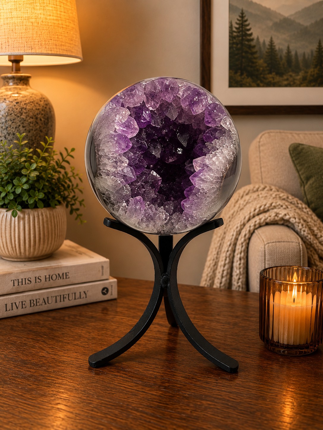 Large Amethyst Sphere 15, Premium Grade Purple Quartz Geode Crystal 1.187g – 9.5cm Diameter