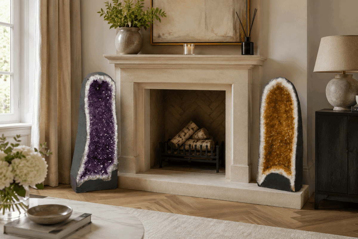 Amethyst and citrine geodes displayed on either side of a stone fireplace