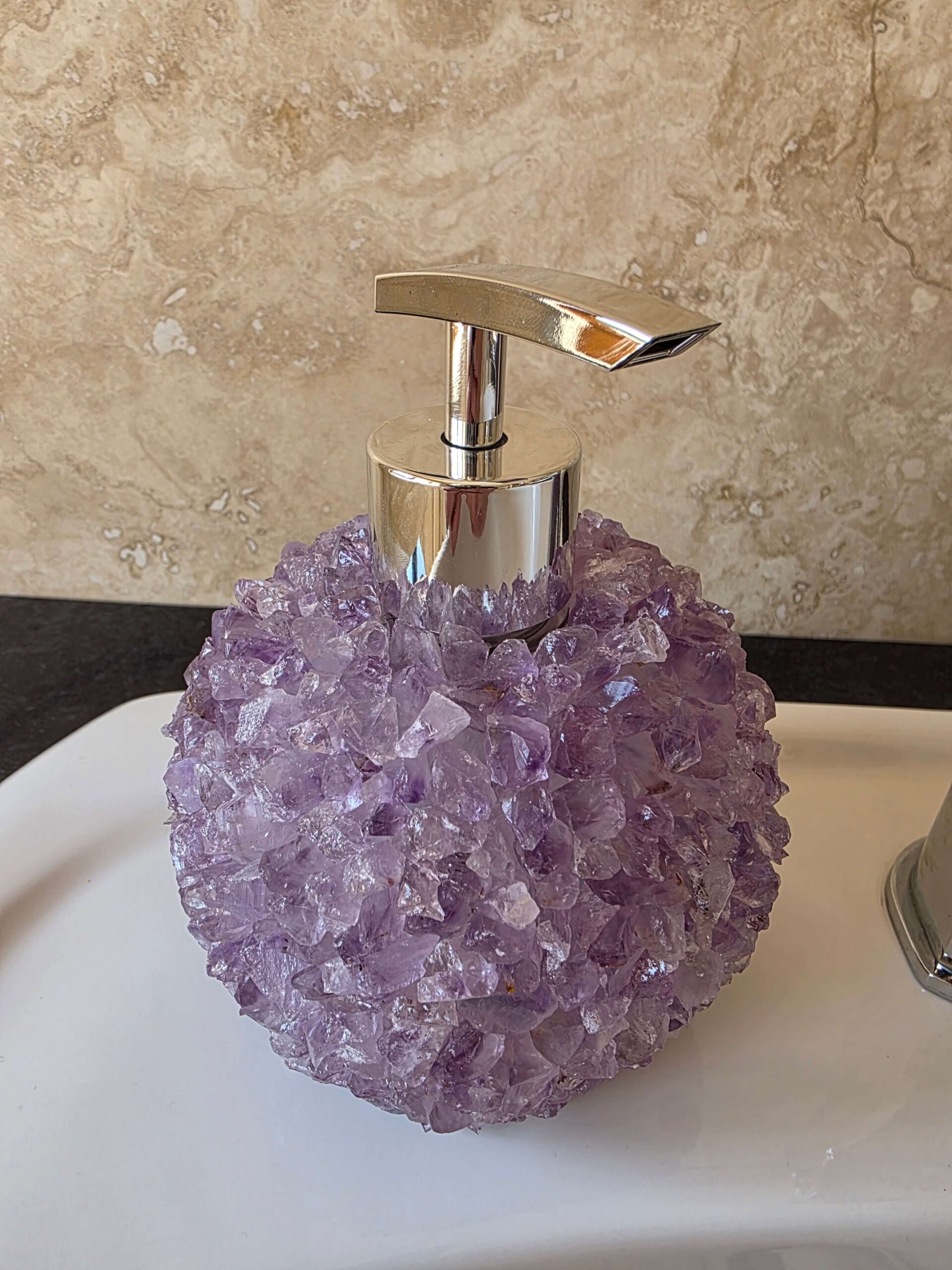 Luxury Amethyst Crystal Soap Dispenser with Chrome Pump 500g H14xW10xD10cm - Image 2