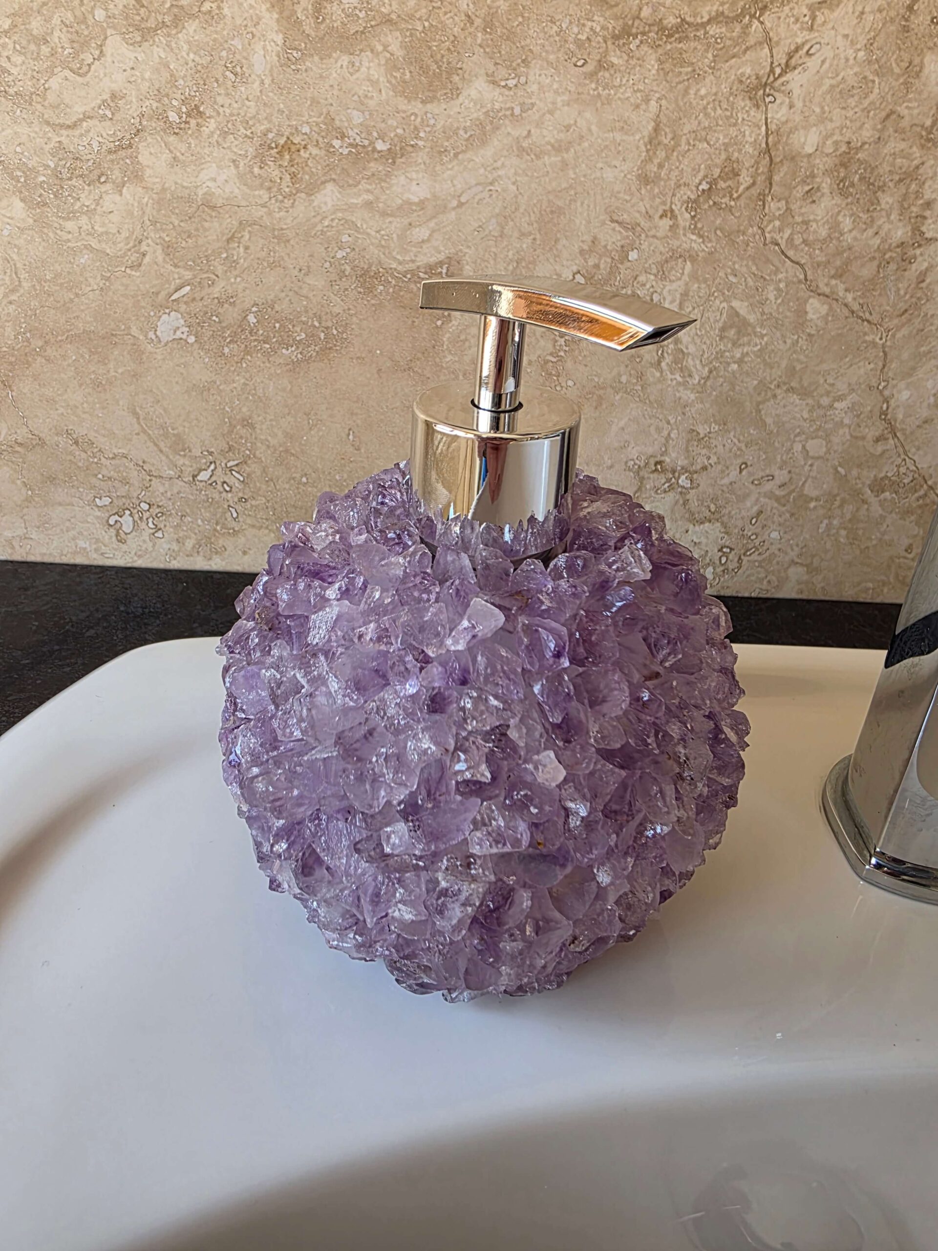 Luxury Amethyst Crystal Soap Dispenser with Chrome Pump 500g H14xW10xD10cm - Image 3