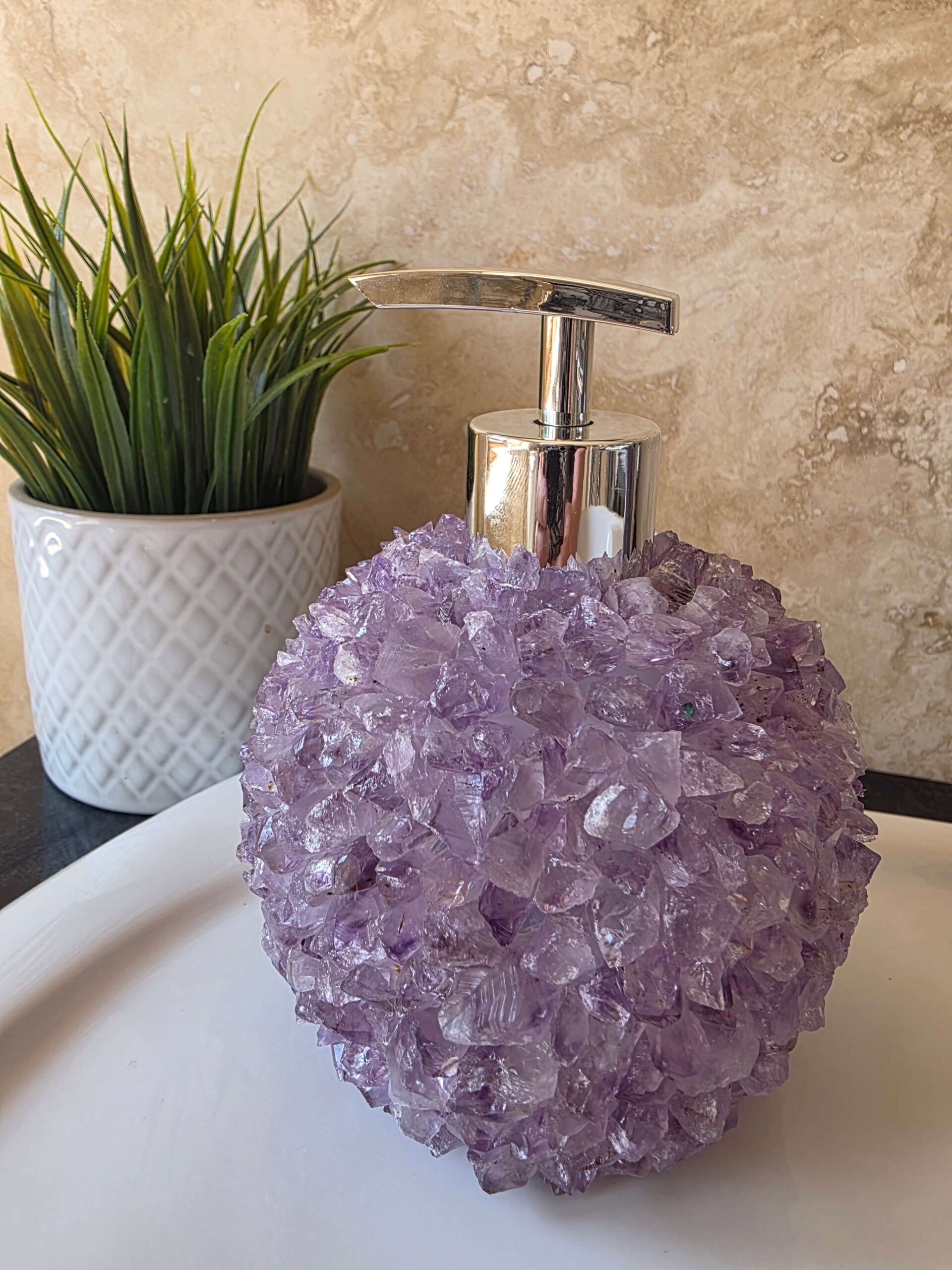 Luxury Amethyst Crystal Soap Dispenser with Chrome Pump 500g H14xW10xD10cm