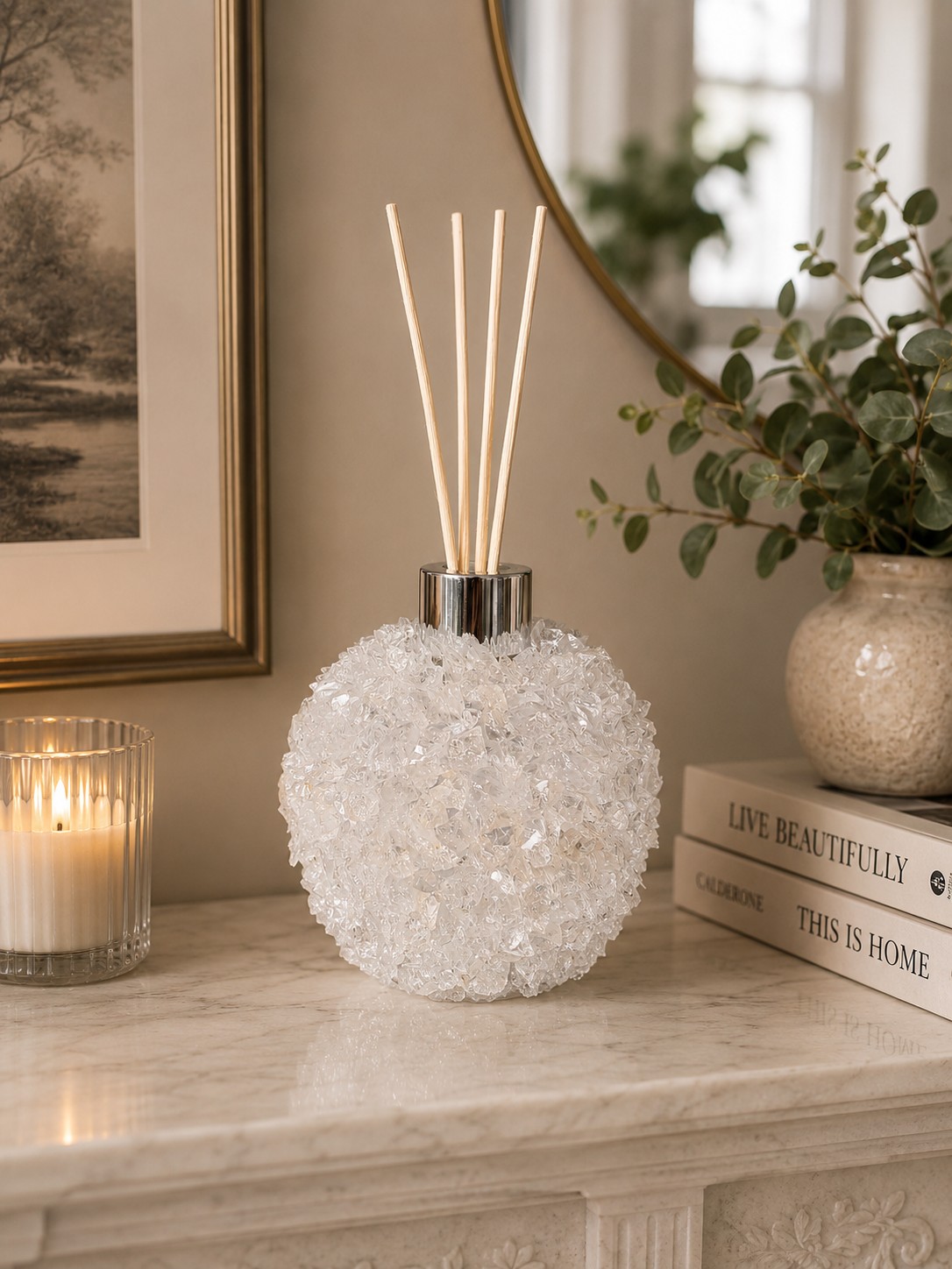 Luxury Clear Quartz Crystal Reed Diffuser with Chrome Collar H14xW10xD10cm
