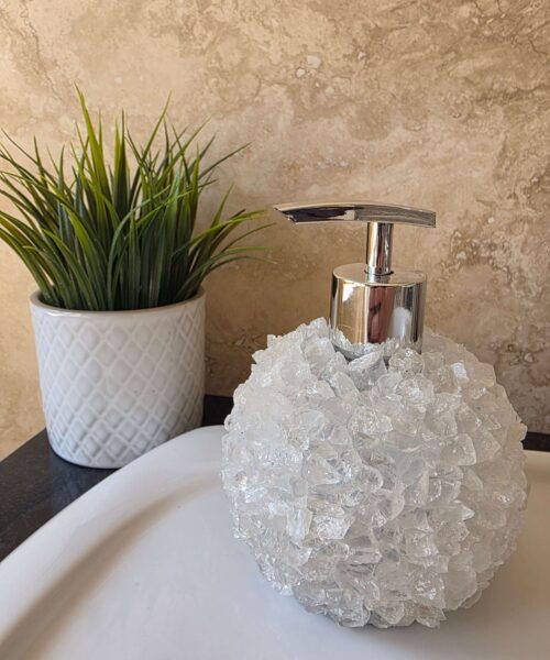 Luxury Clear Quartz Crystal Soap Dispenser with Chrome Pump 500g H14xW10xD10cm
