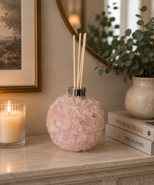 Luxury Rose Quartz Crystal Reed Diffuser with Chrome Collar H14xW10xD10cm