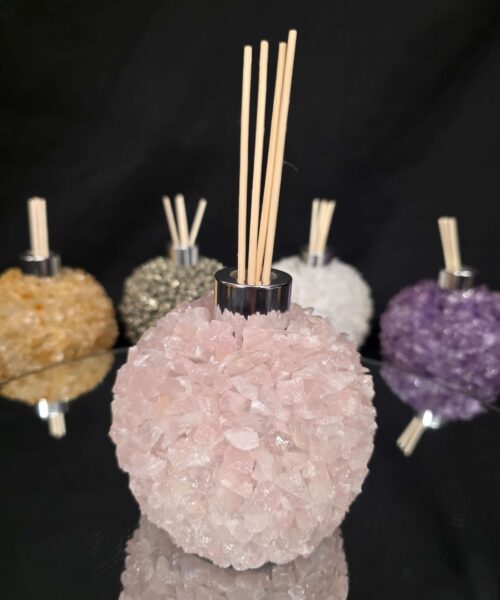 Luxury Rose Quartz Crystal Reed Diffuser with Chrome Collar H14xW10xD10cm - Image 8