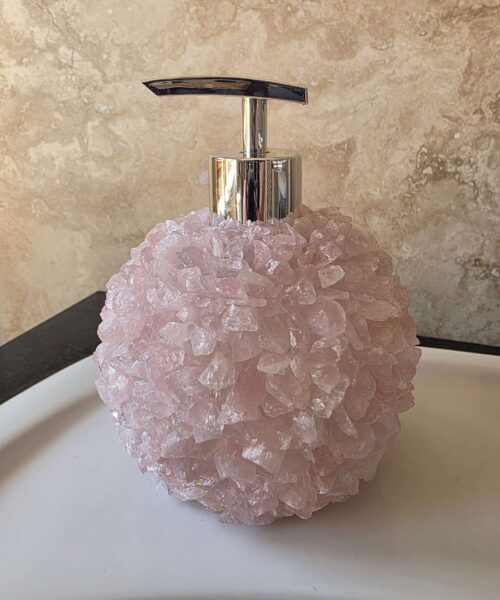 Alternative view of Luxury Rose Quartz Crystal Soap Dispenser with Chrome Pump 500g H14xW10xD10cm