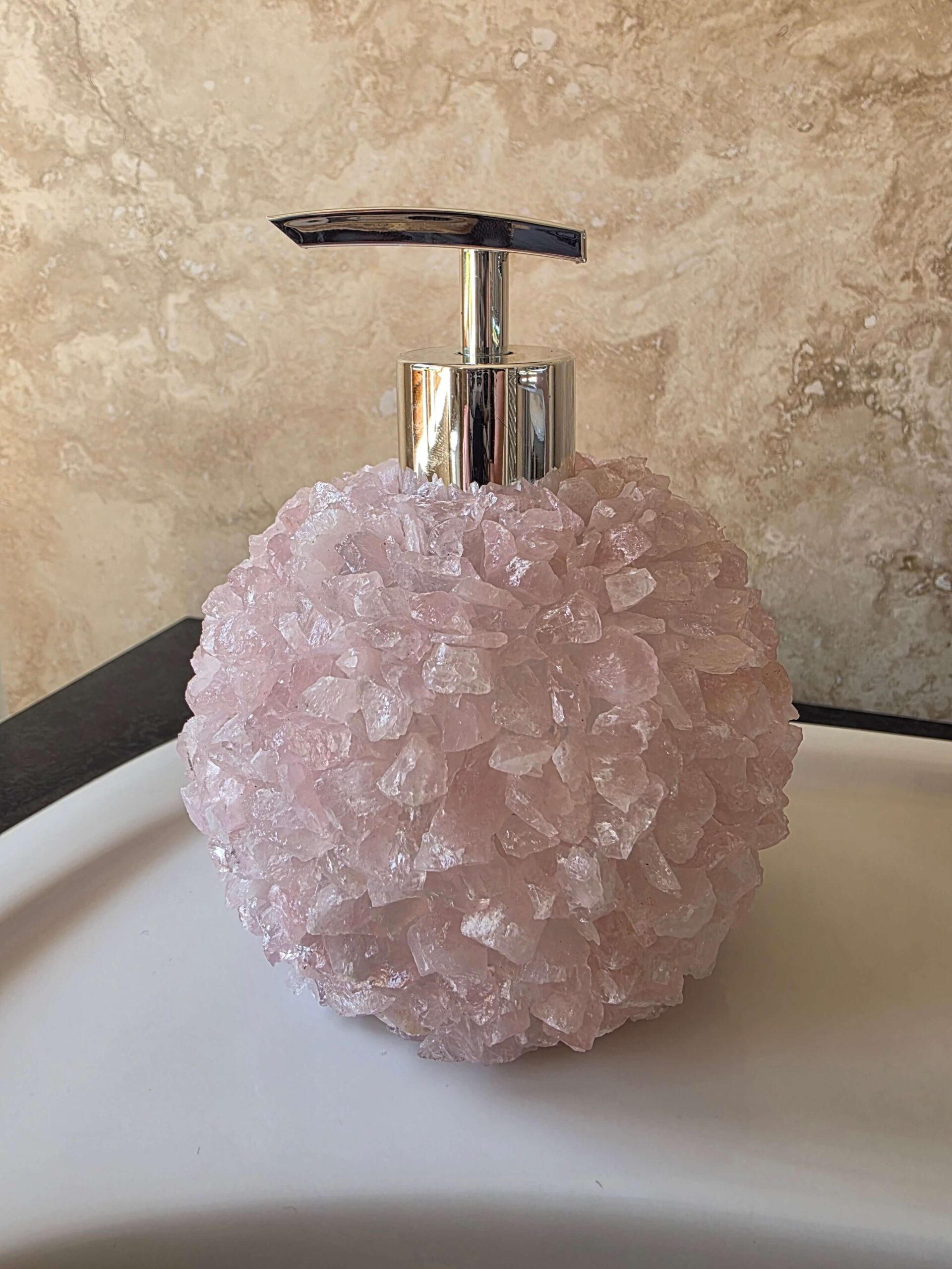 Luxury Rose Quartz Crystal Soap Dispenser with Chrome Pump 500g H14xW10xD10cm - Image 2