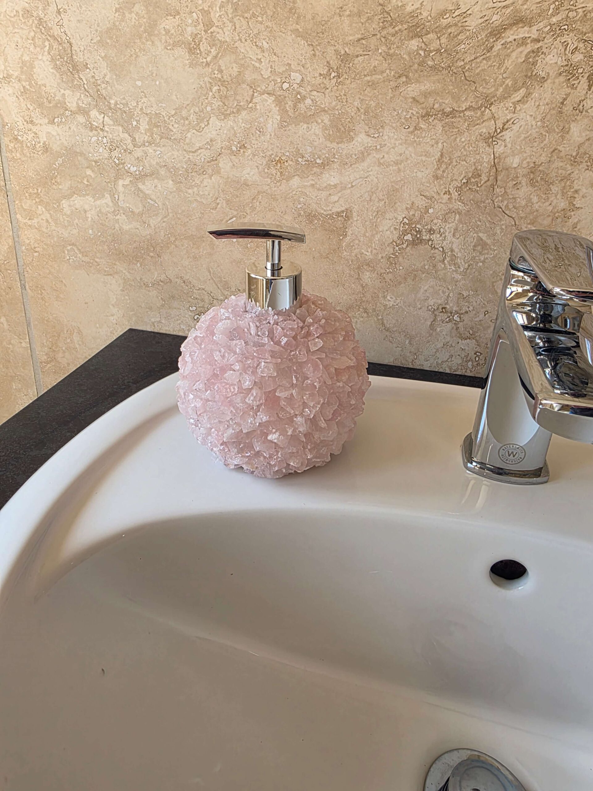 Luxury Rose Quartz Crystal Soap Dispenser with Chrome Pump 500g H14xW10xD10cm - Image 3