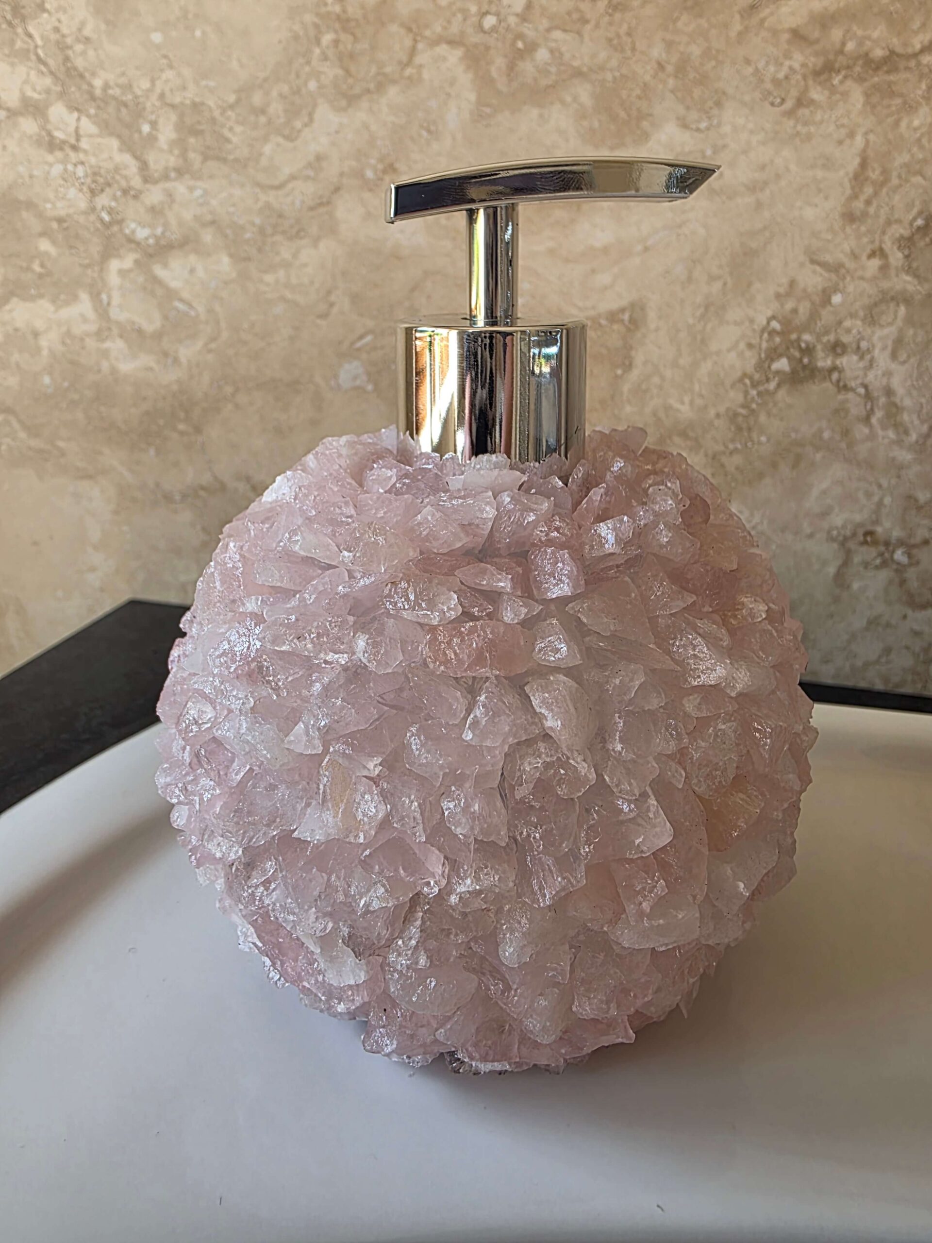 Luxury Rose Quartz Crystal Soap Dispenser with Chrome Pump 500g H14xW10xD10cm - Image 4