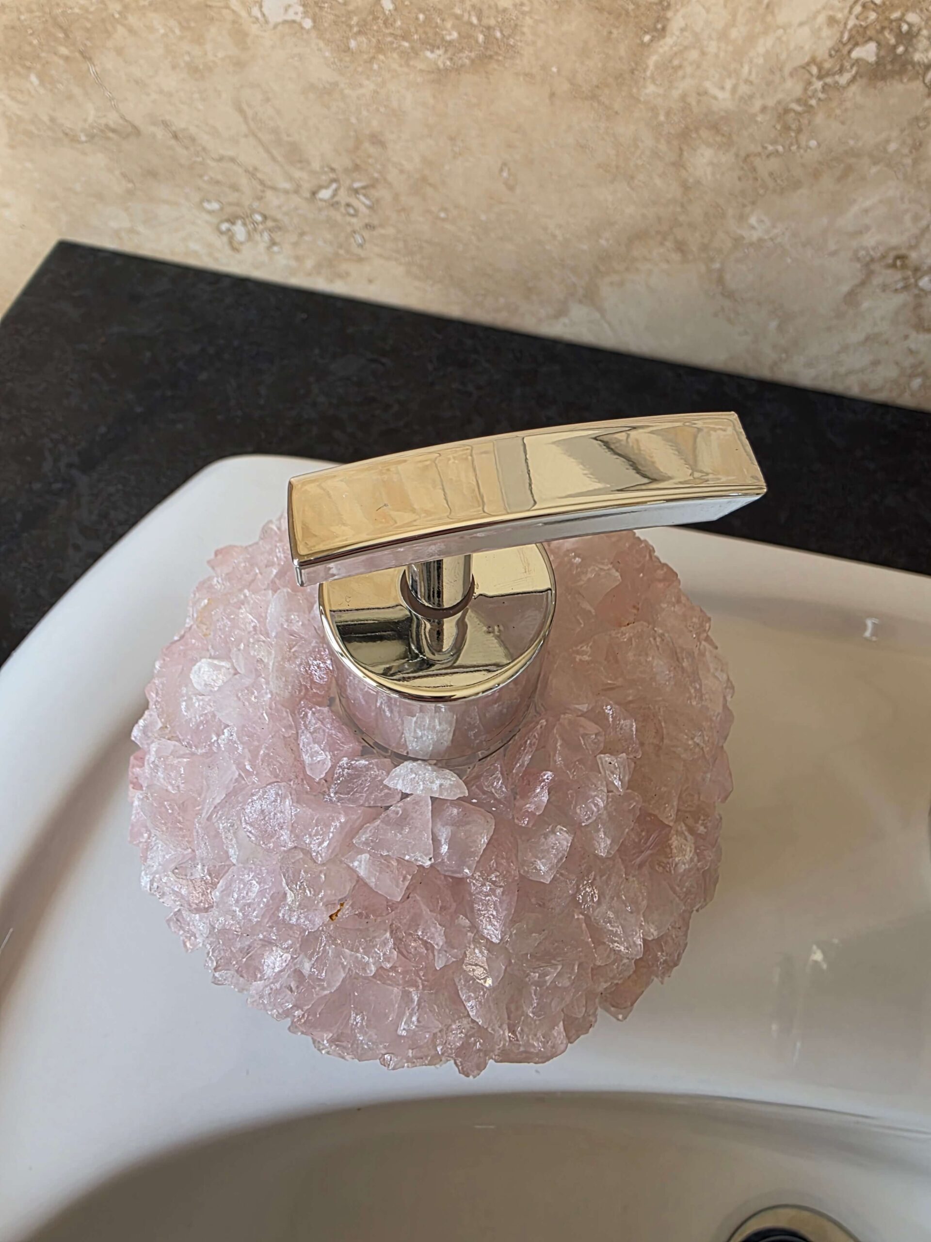 Luxury Rose Quartz Crystal Soap Dispenser with Chrome Pump 500g H14xW10xD10cm - Image 5