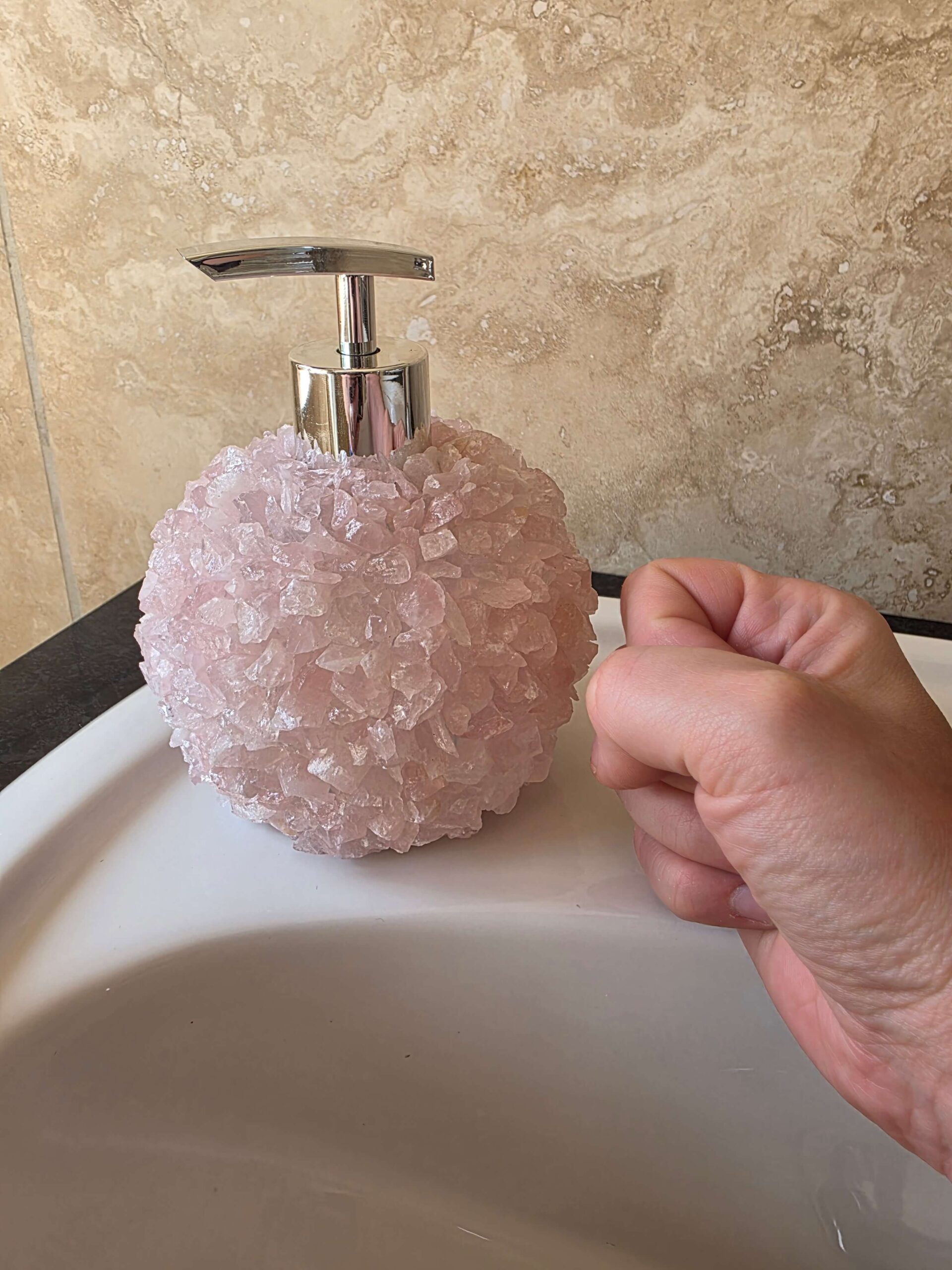 Luxury Rose Quartz Crystal Soap Dispenser with Chrome Pump 500g H14xW10xD10cm - Image 6