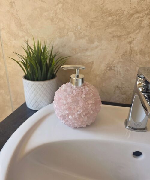 Luxury Rose Quartz Crystal Soap Dispenser with Chrome Pump 500g H14xW10xD10cm - Image 7