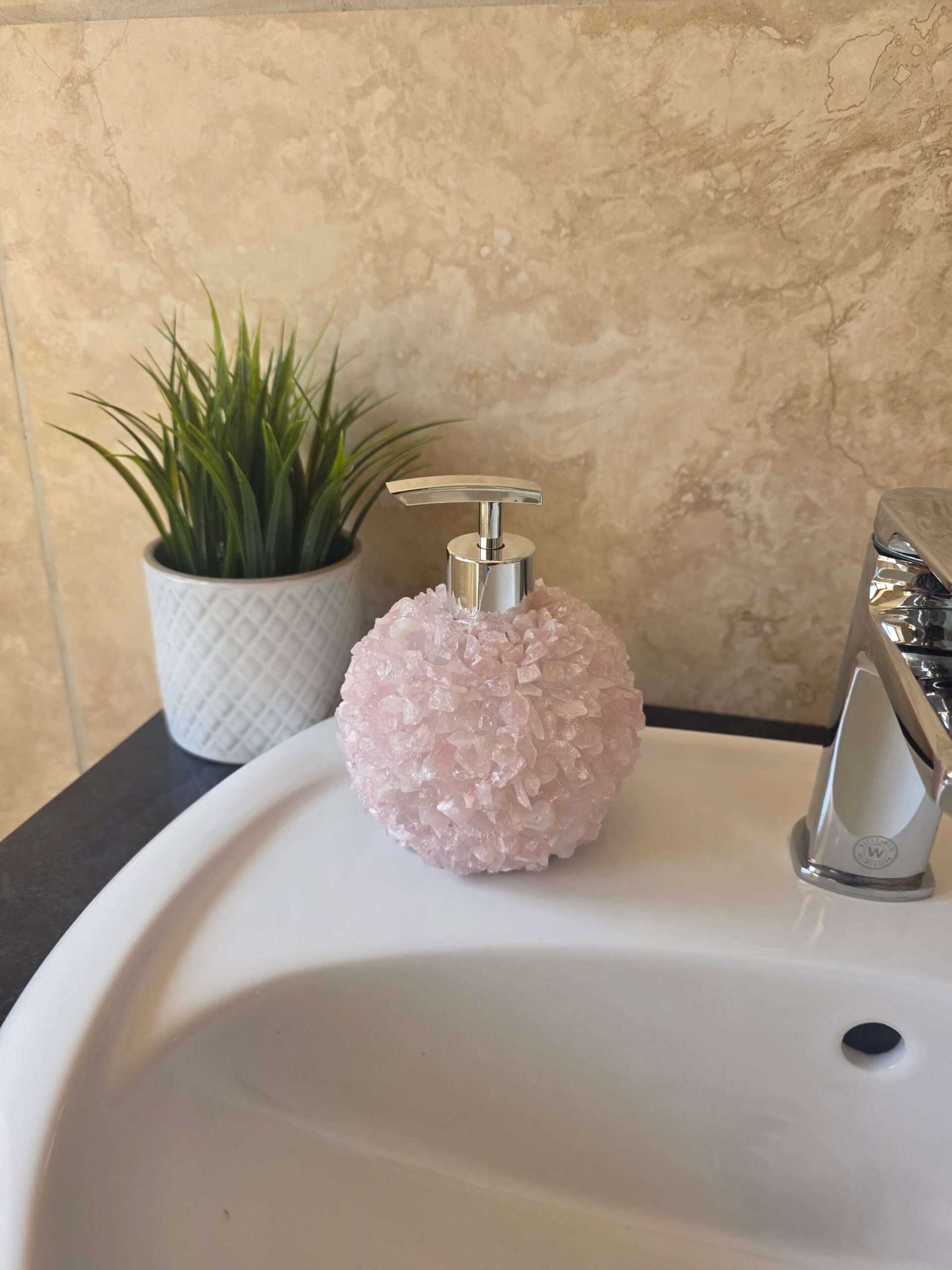 Luxury Rose Quartz Crystal Soap Dispenser with Chrome Pump 500g H14xW10xD10cm - Image 7