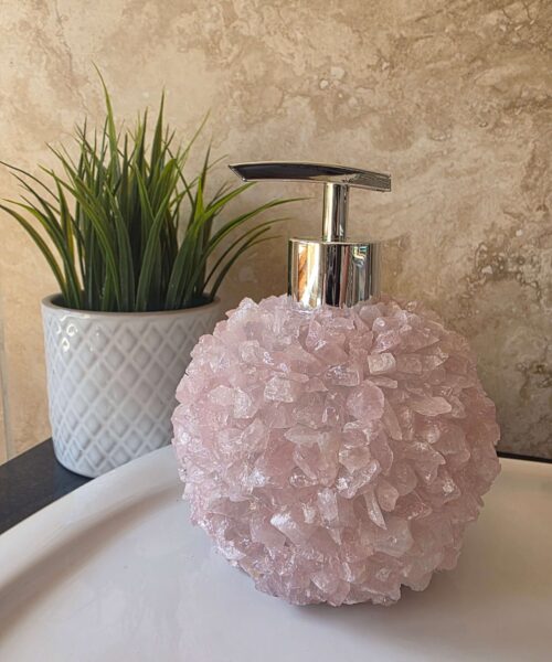 Luxury Rose Quartz Crystal Soap Dispenser with Chrome Pump 500g H14xW10xD10cm