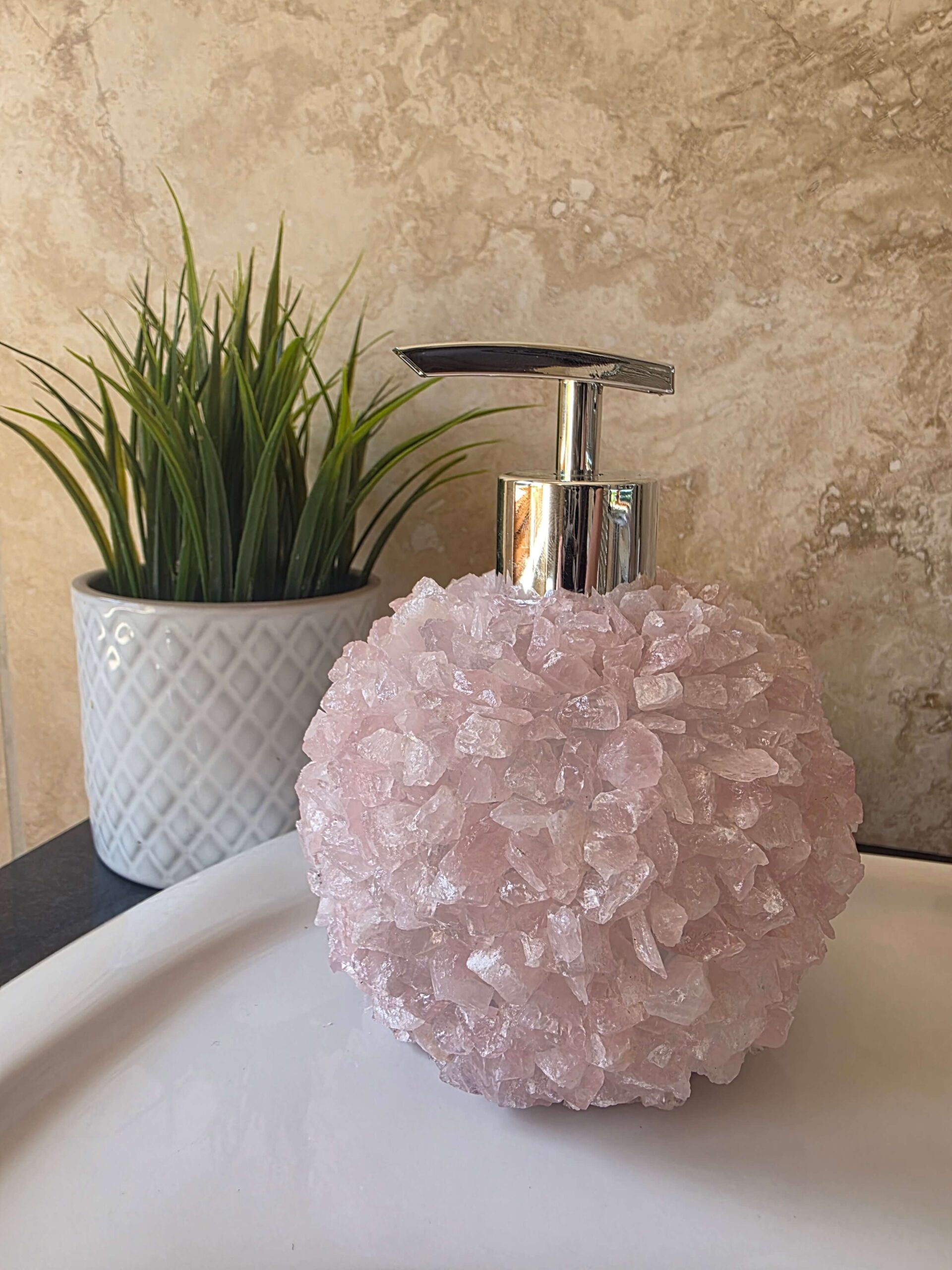 Luxury Rose Quartz Crystal Soap Dispenser with Chrome Pump 500g H14xW10xD10cm