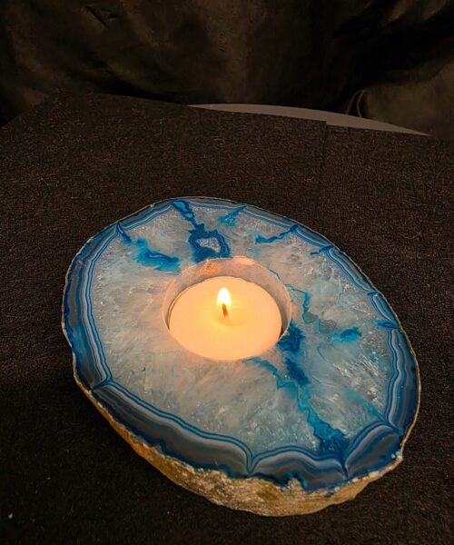 Teal Agate Slice Candle 1 Handpicked 401g H2xW12xD10cm Microcrystalline Quartz Tealight Holder Ornament - Image 7