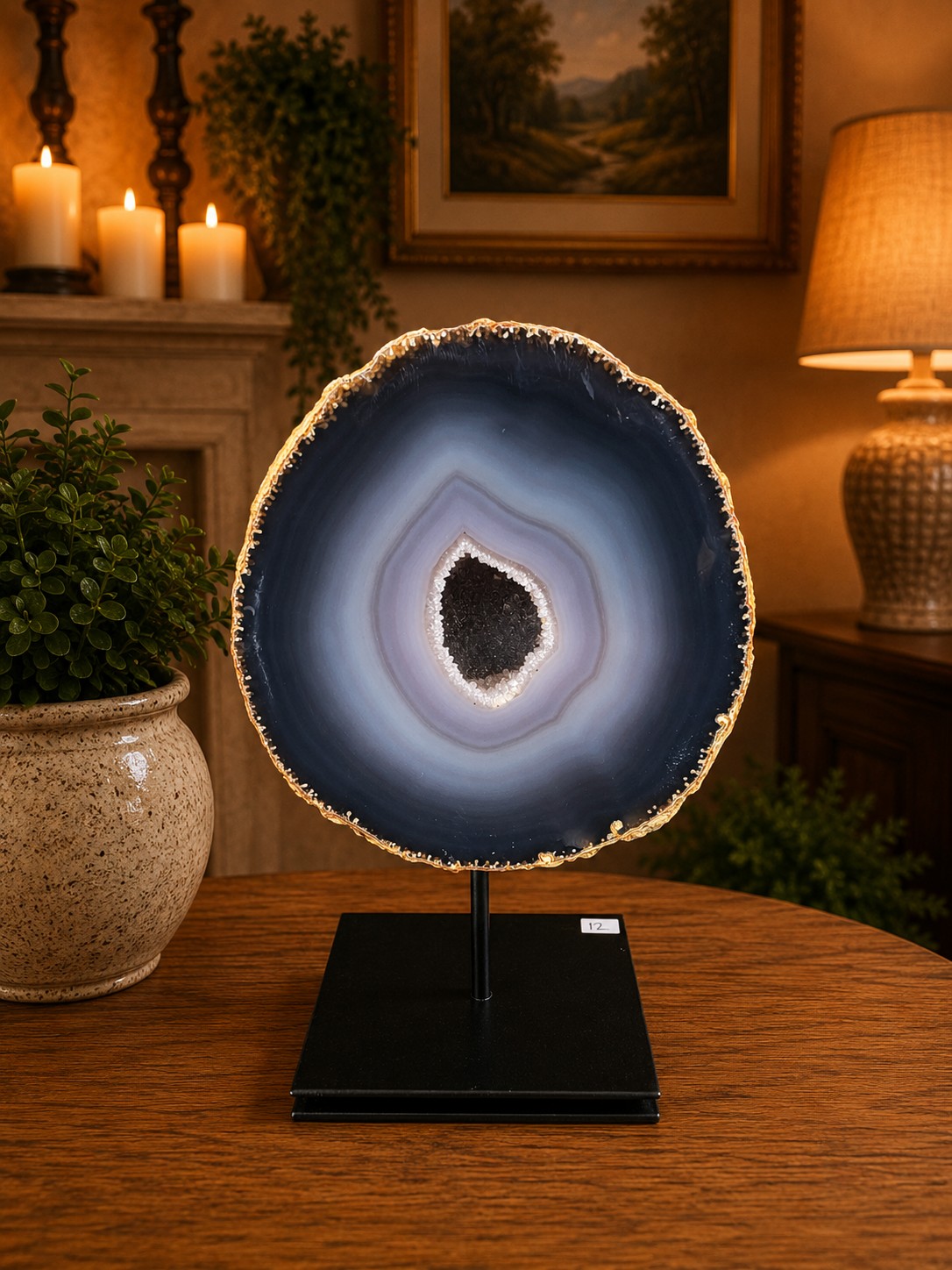 Premium Agate Geode on Stand 12 – 3.375g - H16xW15.5xD10cm