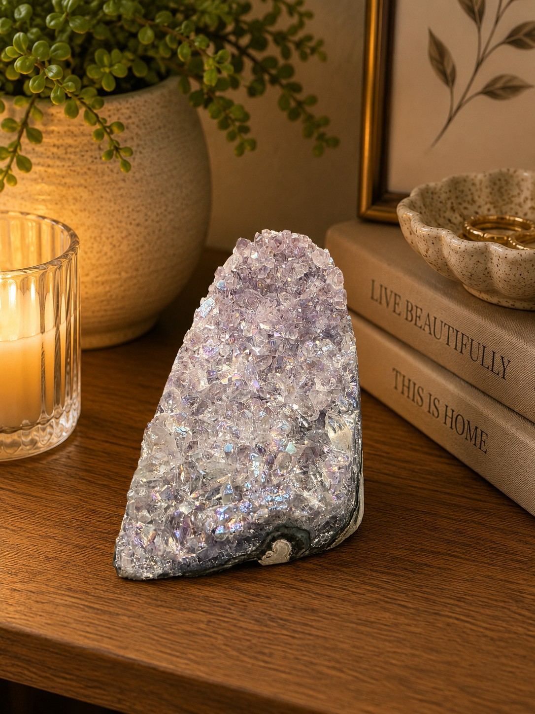 Premium High Grade Amethyst Angel Aura Druzy 266 Mini Geode Cluster Piece Cut Base 553g H10xW6xD8cm