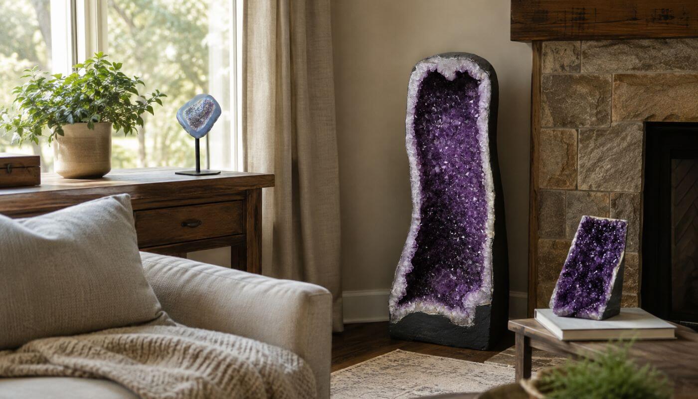 Tall amethyst cathedral, small amethyst druzy and iridescent geode on a stand displayed