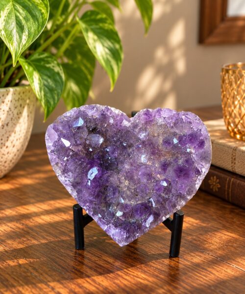 Amethyst Heart on Stand 5 Purple Quartz Geode Crystal Gift 621g - H12xW12xD4.5cm