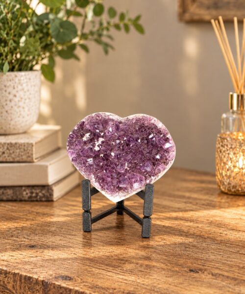 Amethyst Heart on Stand 2 Purple Quartz Geode Crystal Gift 762g - H12xW13xD6cm