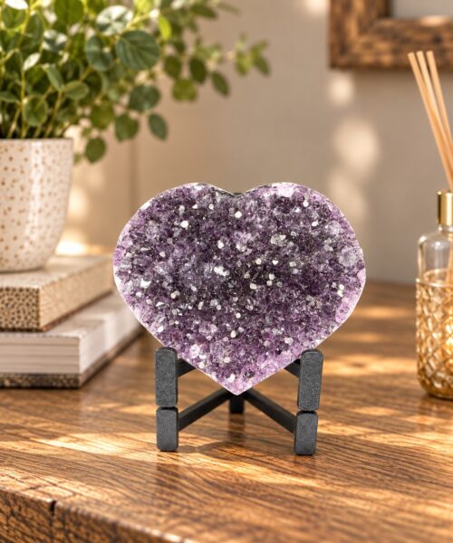 Amethyst Heart on Stand 10 Purple Quartz Geode Crystal Gift 598g - H10xW12xD6cm