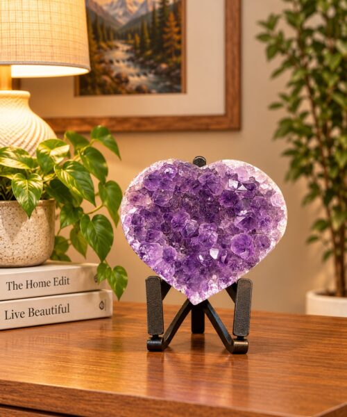 Amethyst Heart on Stand 11 Purple Quartz Geode Crystal Gift 525g - H10xW10xD6cm