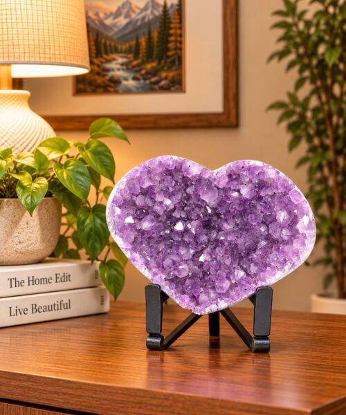 Amethyst Heart on Stand 12 Purple Quartz Geode Crystal Gift 1.243g - H15xW17xD10cm