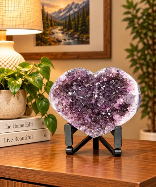 Amethyst Heart on Stand 15 Purple Quartz Geode Crystal Gift 704g - H12xW13xD6cm