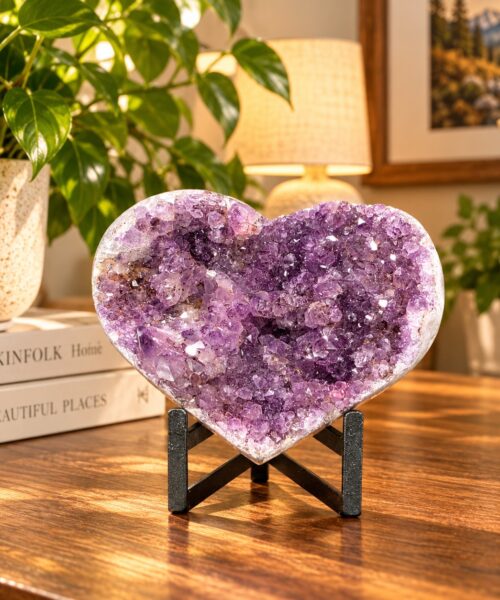 Huge Amethyst Heart on Stand 16 Purple Quartz Geode Crystal Gift 2.119g - H16xW18xD10cm