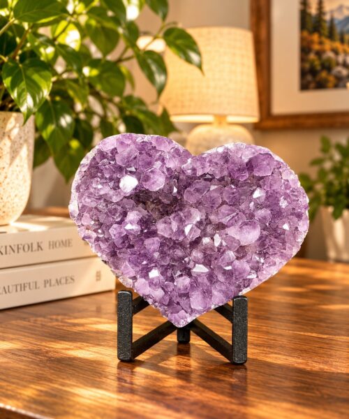 Huge Amethyst Heart on Stand 17 Purple Quartz Geode Crystal Gift 1.457g - H14xW15xD6cm